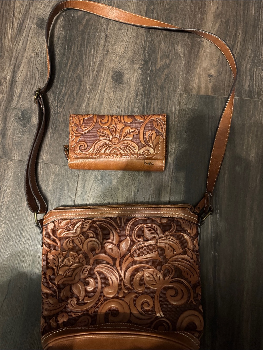 b.o.c. Tooled Brown Leather Crossbody Bag with Matching Wallet